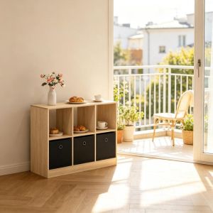 Estantería con cubos y 3 cajones de tela negro roble claro 61x80x30cm