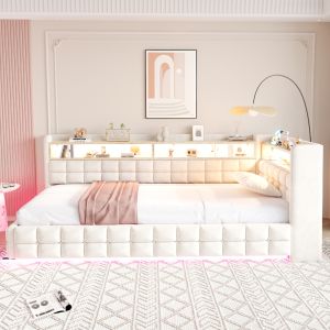 Cama 90x200 cm multifuncional con almacenaje y LED terciopelo