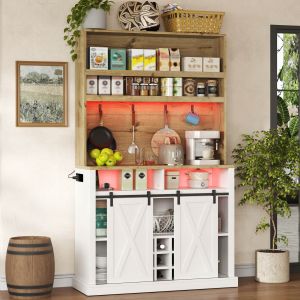 Armario alto de cocina con vitrina y estantes natural y blanco 191x110x40cm