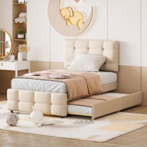 Cama infantil extensible 90x200/90x190 cm, cabecero ajustable beige