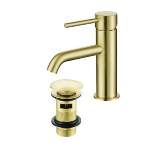 Grifo lavabo monomando pico dorado con válvula de desagüe