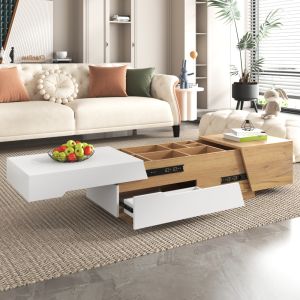 Mesa de centro deslizante con 2 cajones mdf blanco y natural 37,5x120x50cm