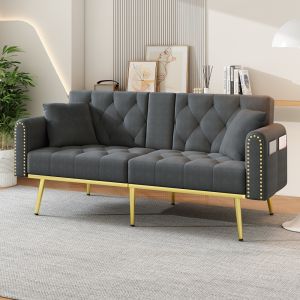 Sofá cama 2 plazas terciopelo gris con respaldo ajustable y portavasos