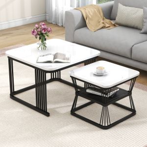 Set de 2 mesas auxiliares para salón mdf blanco 45x65x65cm y 39,5x45x45cm