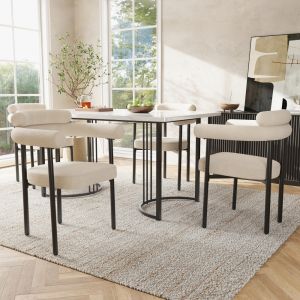 Conjunto de mesa y sillas hierro beige blanco 4 sillones tapizados