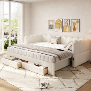Sofá cama 90x200 cm extensible con cajones y usb lino – color beige