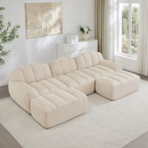 Sofá modular en u 3 plazas 2 otomanas borreguito beige blanco