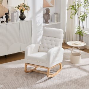 Sillón mecedor de peluche blanco con reposapiés y bolsillos 136 kg
