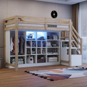 Cama alta 90x200 con armario, estantes, escalera y luz LED