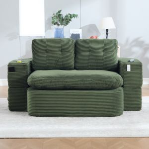 Sillón cama 2 en 1 cotelé verde con reposabrazos y portavasos