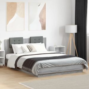 Cama cabecero luces LED gris sonoma 120x200 cm