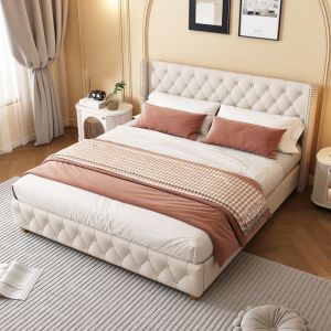 Cama tapizada 140x190cm con cabecero capitonné lino – beige