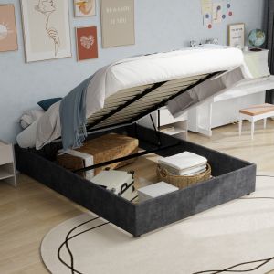 Base de cama tapizada 160x200 cm estructura de tela y metal – color gris