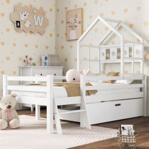 Cama individual 90x200cm con escalera y cajón madera maciza – color blanco