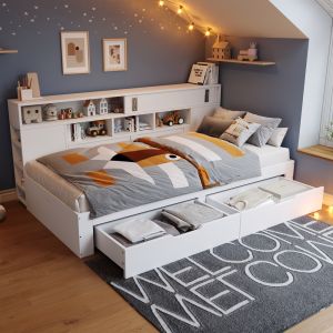 Sofá cama 140x200cm con cajones, estantes y armarios mdf – blanco