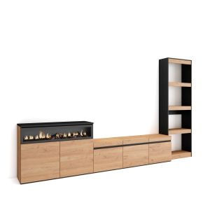 Muebles salón, 310x35x186cm, roble y negro, chimenea eléctrica rf3153