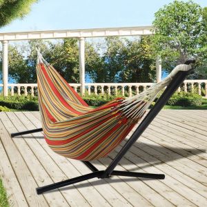 Idmarket hamaca con soporte de metal negro y tela a rayas rojas y amarillas