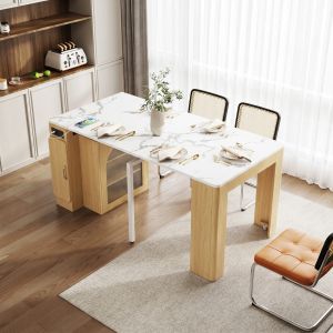 Isla de cocina extensible con mesa LED y enchufes natural 77x83x39,6cm