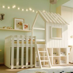 Cama semi alta 90x200cm con almacenaje y escalera, madera maciza – blanco