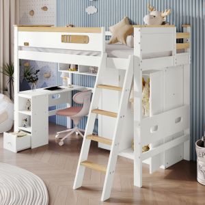 Litera 90x200cm con escritorio, armario y estantes madera – blanco+natural