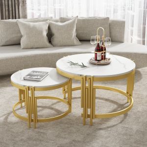 Mesa de centro set anidable madera y metal blanco y latón 44x71,5x71,5cm