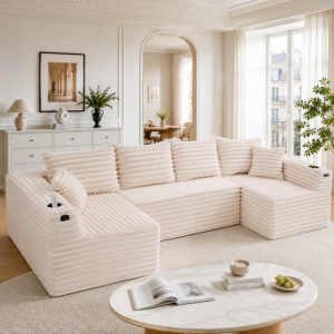 Sofá en u modular de pana beige 4 plazas con portavasos y bolsillo lateral