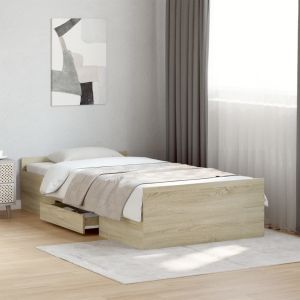 Cama 90x190 cm con cajones madera ingeniería roble sonoma