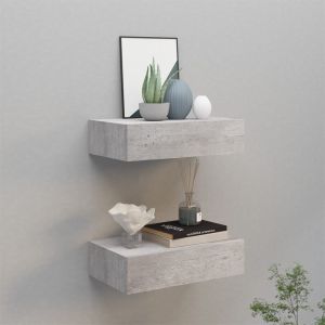 Estante de pared con cajón 2 uds mdf gris hormigón 40x23,5x10cm es5847
