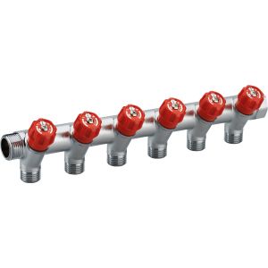 Colector macho - hembra 3/4 con grifería roja - 6 salidas 1/2