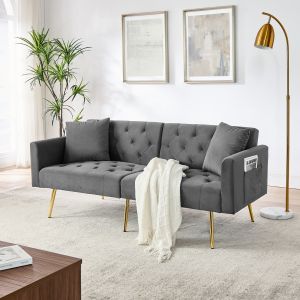 Sofá 2 plazas de terciopelo gris con respaldo ajustable y 2 cojines