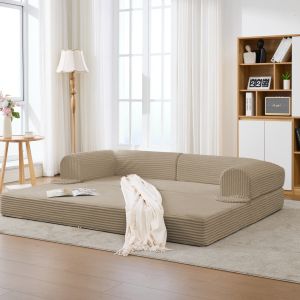 Sofá cama de 2 plazas de cordón beige convertible para salón y dormitorio