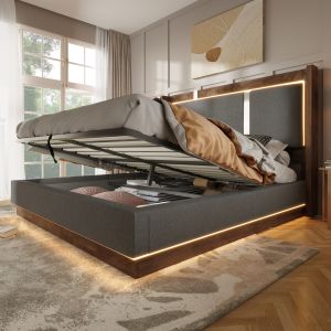 Cama tapizada 140x200 cm con LED y canapé de lino y madera – gris y nogal
