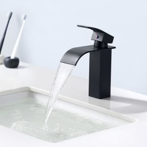 Auralum grifo de lavabo de cascada negro moderno, grifo de baño para lavabo