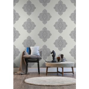 Papel pintado tnt medallón damasco gris