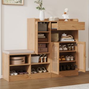 Zapatero con banco acolchado 3 puertas 1 cajón natural 110x142x35cm