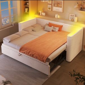 Sofá cama extensible 90x200 cm a 180x200 cm con LED de terciopelo – beige