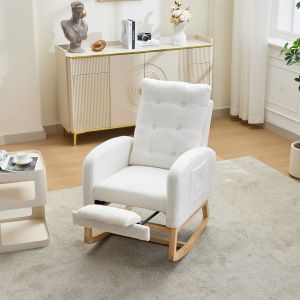 Sillón mecedor de terciopelo blanco con reposapiés extensible y bolsillos