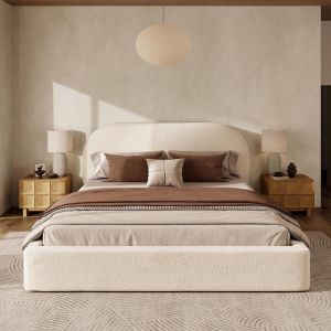 Cama doble 180x200cm con somier, cabecero acolchado capitoné beige