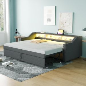 Sofá cama nido 90x200cm extensible 180cm, LED usb, gris oscuro