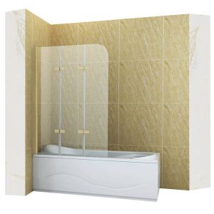 Mampara de bañera 3 hojas vidrio transparente, 120x140 cm, perfil dorado