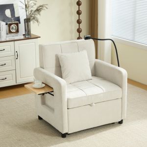 Sillón cama individual chenilla beige con respaldo ajustable y bandeja