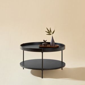 Mesa de centro redonda de 2 niveles madera y hierro negro 38x69x69cm