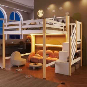 Cama alta 140x200cm madera con LED y escalera blanco natural