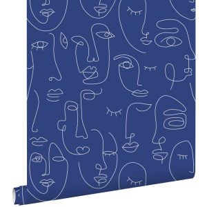Estahome papel pintado caras line art azul cobalto 50 x 900 cm