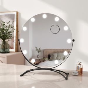 Emke espejo hollywood redondo 50x58 cm, negro, giratorio, memoria, 9 LED