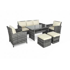 Sofa 3 plazas + 2 sillas + mesa + 2 pufs en ratan pe. Muebles de jardin y