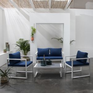 Conjunto de jardín ibiza tela azul 4 plazas aluminio blanco