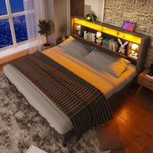 Cama doble 140x200cm con cabecero usb LED y almacenaje gris