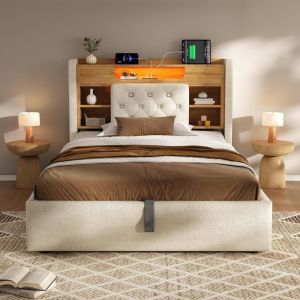 Cama 90x200cm lino con LED usb-c y almacenaje beige
