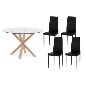 Pack mesa redonda de cristal templado + 4 sillas polipiel/metal negro